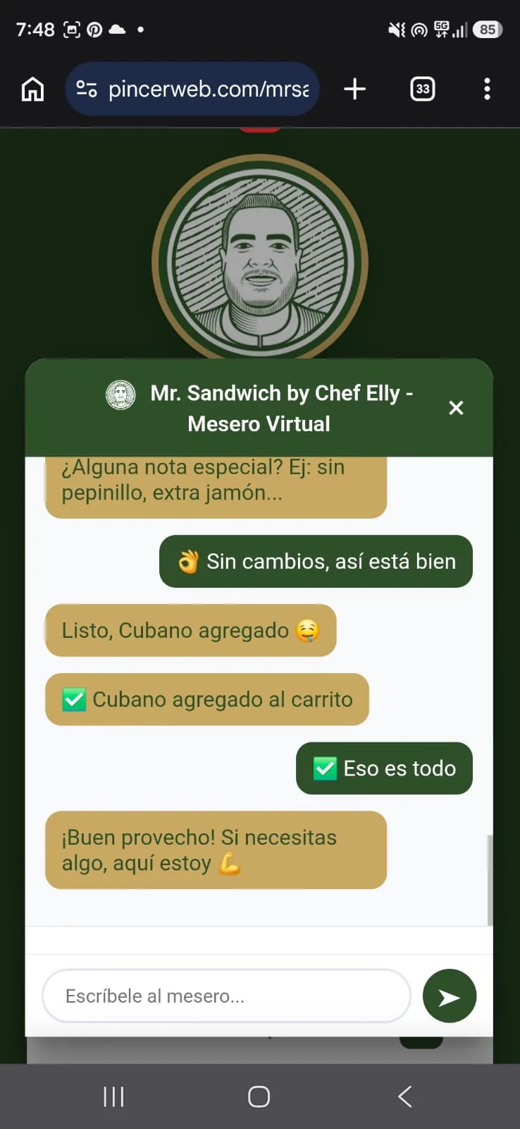 Mesero IA confirmando la orden con el cliente